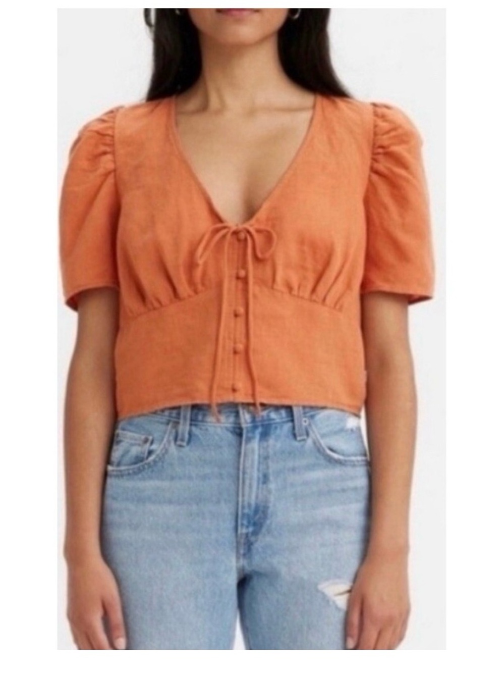 Levi’s Rust Orange Tie-Front Puff Sleeve Crop Top